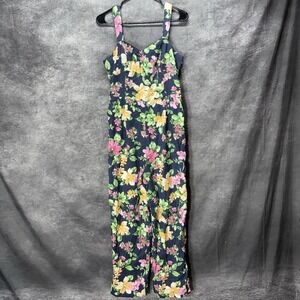 Old Navy Linen Blend Jumpsuit Womens M Black Floral Wide Leg Cropped Smocked
